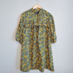 Topshop Yellow and Blue Floral Pleated Mini Dress